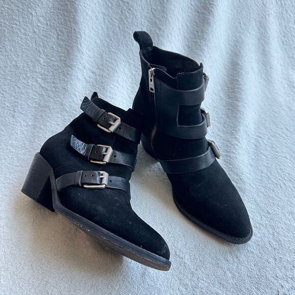 ALLSAINTS Lulu Triple Buckle Ankle Boot size 39‎ US 9 Black suede leather straps - Picture 1 of 13